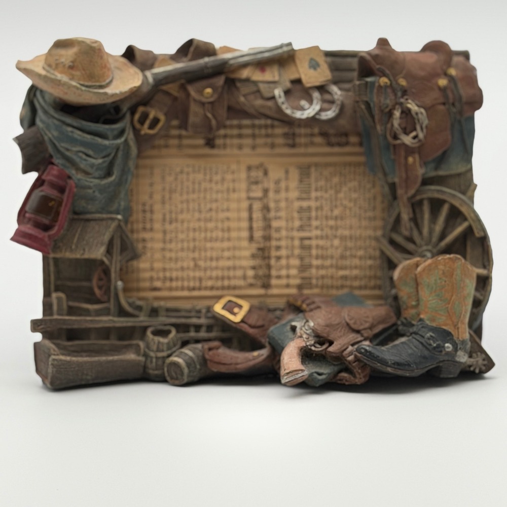 Vintage Western Cowboy 3D Resin Picture Frame Rustic Old West Saddle Boots Decor